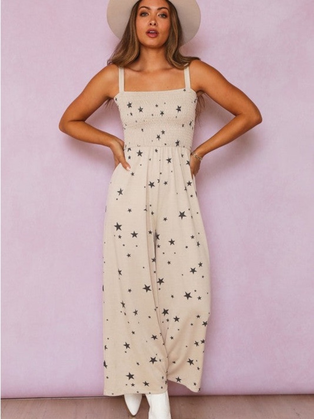 Fantastic Fawn Cream Star-Print Smocked Jumpsuit
